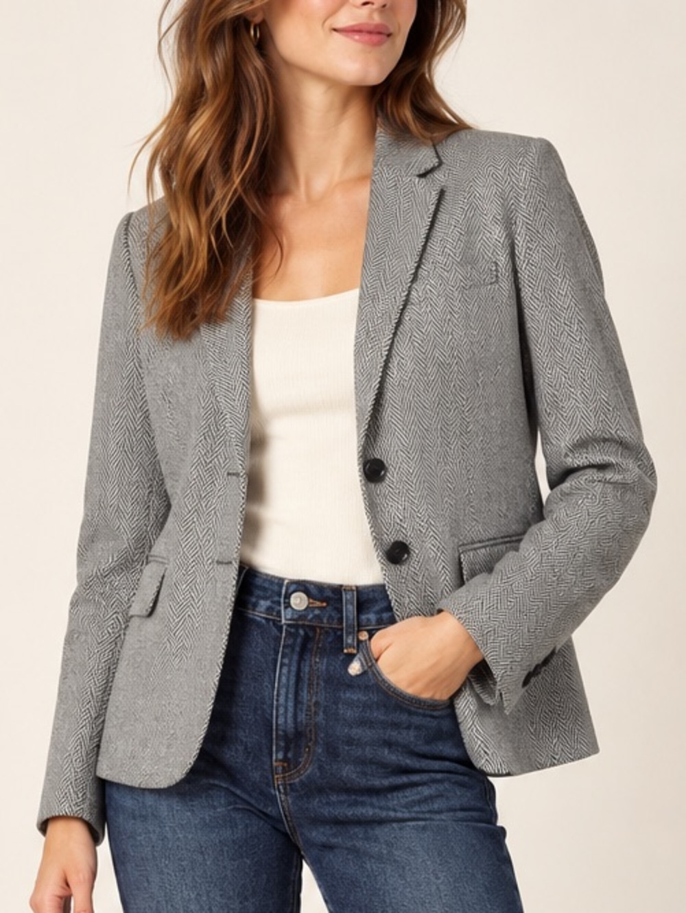 Gap Wool Blend Academy Blazer Grey Herringbone Elbow Patch Size 8